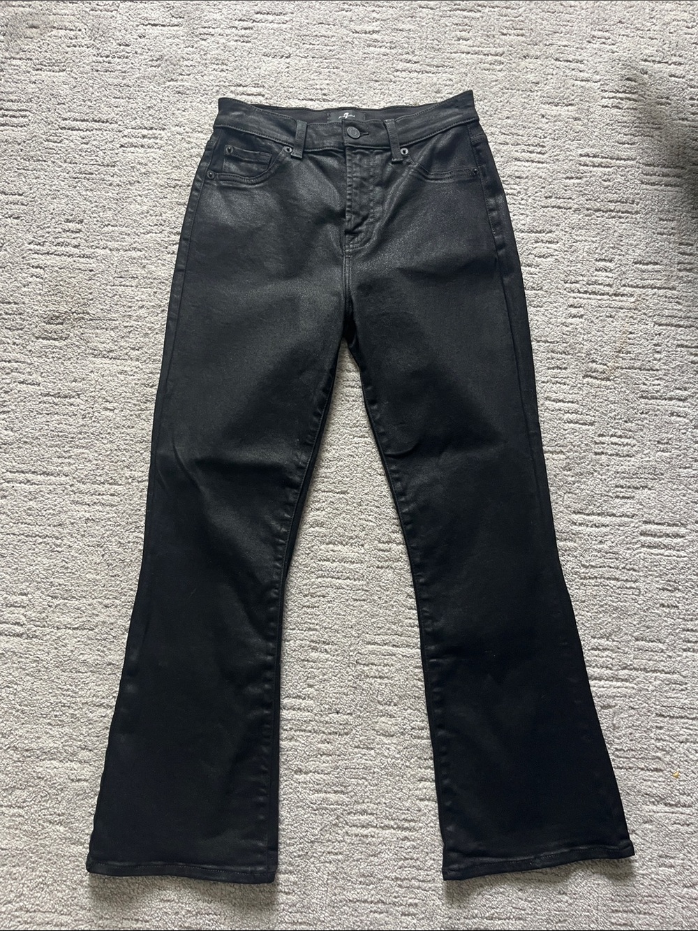 7 For All Mankind Black Flared Jeans- coated waxy denim